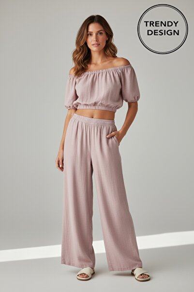 Generic Brand Set de Damă de Vară – Bluză Crop cu Umeri Căzuți și Pantaloni L...