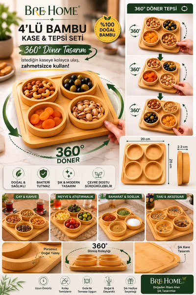 BRE HOME 360° Döner Bambu Kahvaltılık Sunum Tepsisi 4'lü Kase Seti 20x20 cm |...