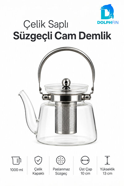 DolphFin 1000 ml Glass Teapot with Strainer, Steel Handle, Stainless Filter T...