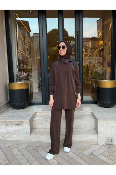 Babil Butik 2601-3025 Fermuar Detay Kadın Takım Kahve
