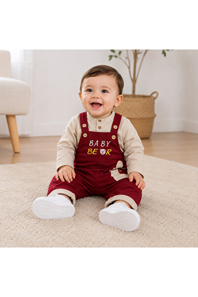 MADE Children's Set Shirt and Salopet with Bear Pattern Burgundy and Beige
