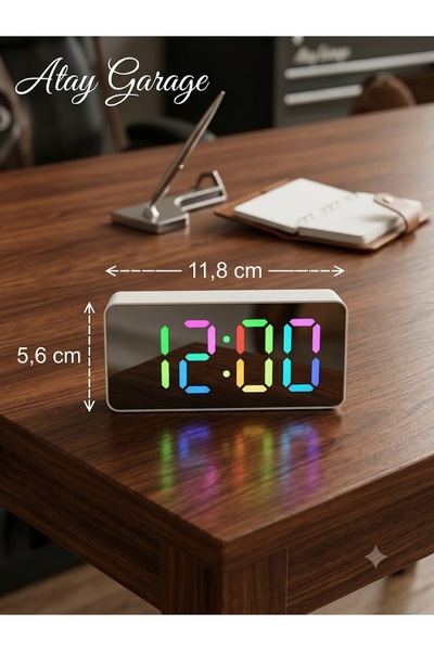 Atay Garage Renkli LED Dijital- Beyaz Kasalı Saat – Masaüstü Alarm Saati, 12/...