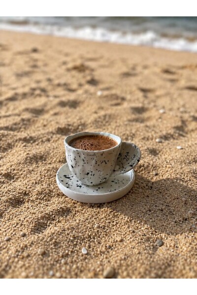 Mer Atelier Handmade Ceramic Turkish Coffee Cup and Saucer with Sea Shell Design