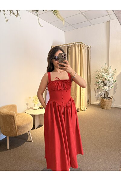 Alâ Butik Official Kadın Askılı Büzgü Detaylı Korse Görünümlü Midi Elbise