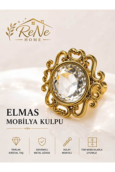 ReNe HOME Lüks Elmas Kristal Taşlı Mobilya Kulpu Altın Renk Dekoratif Dolap Ç...