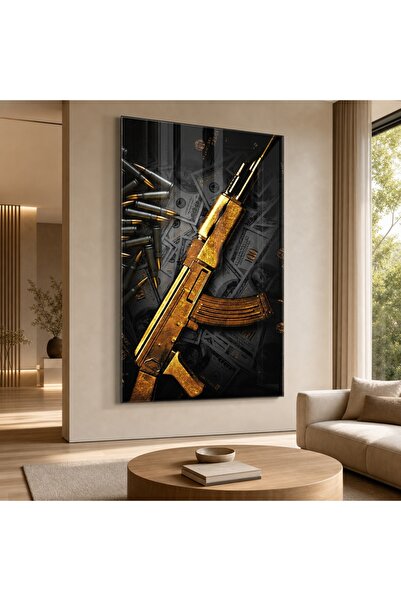 idora Gold Colored Gun and Money Themed Glass Table