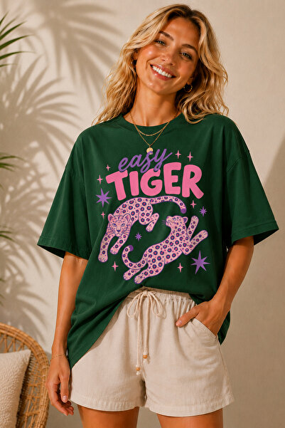 ArtYus Easy Tiger Printed Crew Neck Casual Unisex Oversize T-Shirt - Leopard ...