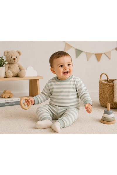 ANDİORA Baby Boy Green Striped Cotton Tracksuit Set Long Sleeve Top and Botto...