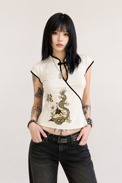 None Wear Ecru Mandarin Collar Vintage Qipao Y2K Dragon Motif Short Sleeve Crop