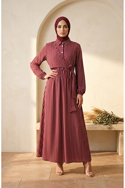 sefamerve Half-Buttoned Elastic Waist Striped Dress 0320-10 Claret Red