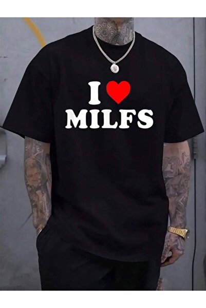 01THEONE قميص رجالي أسود مطبوع عليه عبارة "I Love Heart MILFs Day" و "I Love ...