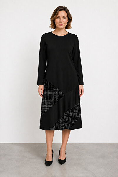 bihan store Women's Pattern Detailed Diagonal Cut Midi Dress-Black