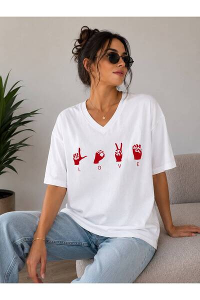 khufu White V-Neck Oversize Cotton Love Printed Relaxed Fit Unisex T-Shirt