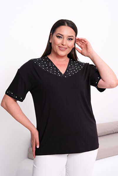 Esina Women's V-Neck Viscose Blouse with Stone and Pearl Detailing