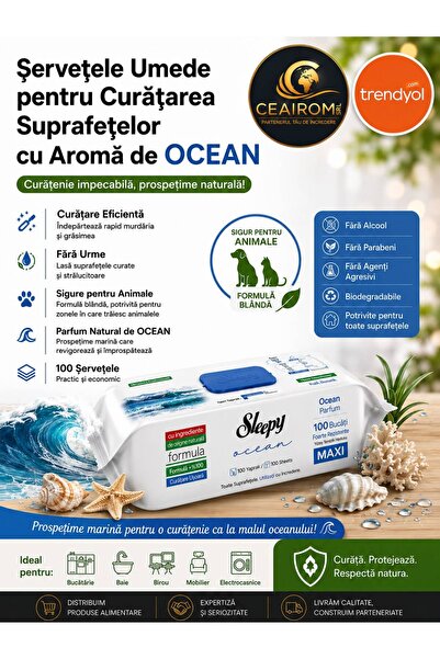 OEM Șervețele Umede pentru Curățarea Suprafețelor – Aromă Ocean | 100 Șervețele