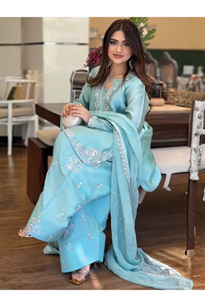 MYSMAR Light Blue Silk Embroidered Palazzo Suit Set - HRT8046 | Light Blue-Si...
