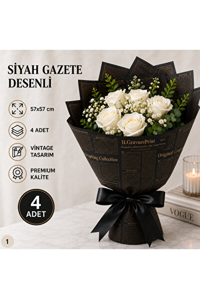 ÇINARASYADAHOME Siyah Gold İngilizce Gazete Desenli Buket Ambalaj Kağıdı 57x5...