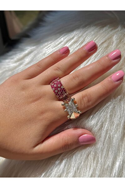 D&Z ACCESSORİES İkili Gold Yüzük Seti | Pembe Zirkon Taşlı & Gold Taşlı Zarif...
