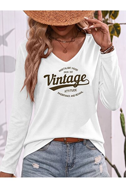 mercoledi Vintage Printed Cotton V-Neck Long Sleeve Blouse