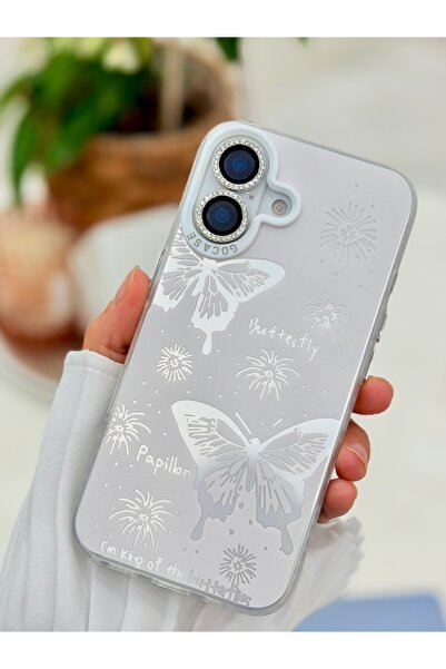 Go Aksesuar Iphone 16 Uyumlu Metalik Electro BEYAZ KELEBEK Tasarımlı Silikon ...