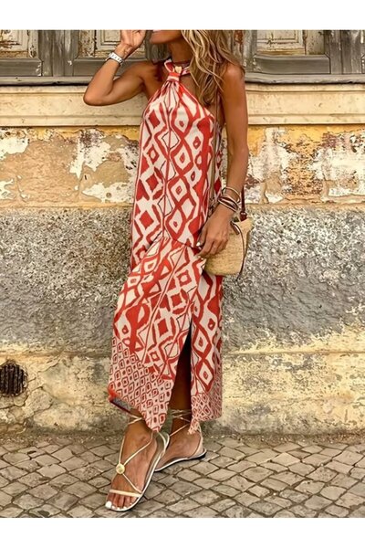 Generic Brand Women's Patterned Long Jersey Dress with Open Shoulders and Str...