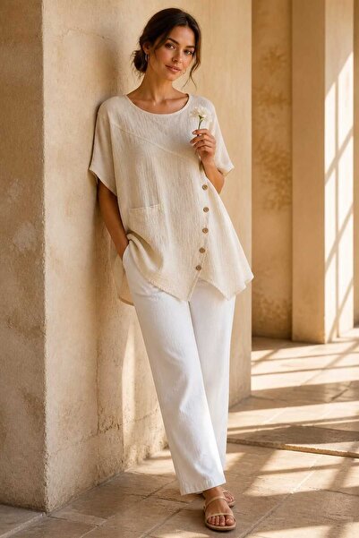 pier moda Women's Beige Oversize Casual Bohemian Blouse with Asymmetrical Cut...