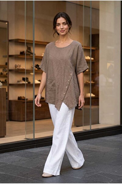 pier moda Women's Beige Oversize Casual Bohemian Blouse with Asymmetrical Cut...