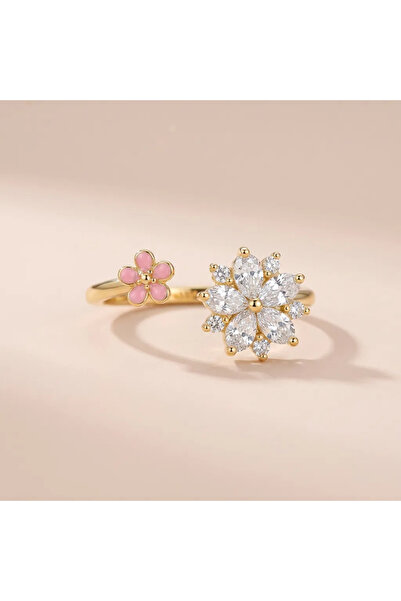 FASHION Ayarlanabilir Pembe Çiçek ve Zirkon Taşlı Kadın Yüzük