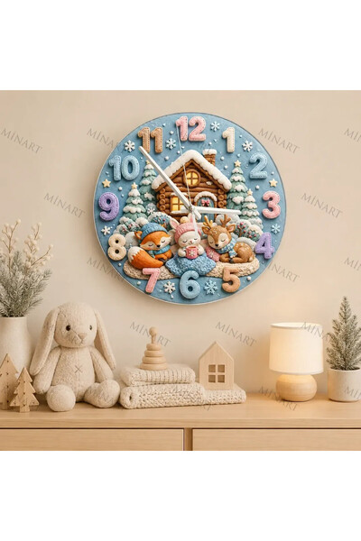 ensaat Cozy Winter Forest Animals Children's Room Wall Clock Silent Wooden Cl...