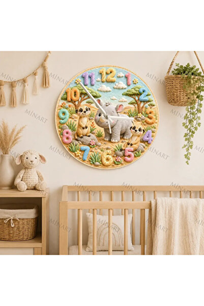ensaat Cute Safari Rhino and Meerkat Kids' Room Wall Clock Silent Wooden Cloc...