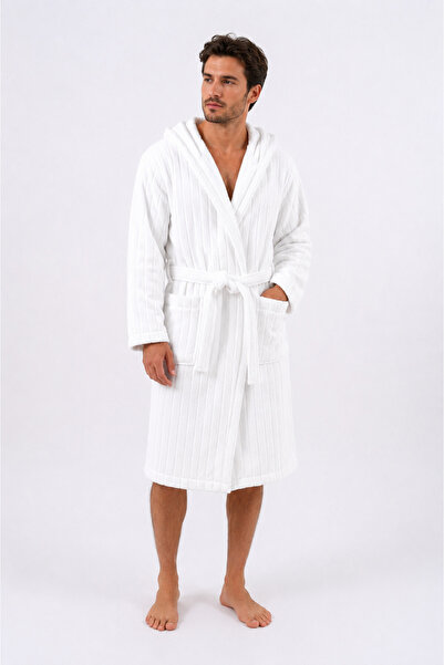 Dotamess Bamboo Jacquard Striped Luxury Hooded Bathrobe, Velvet Outside, Bamb...