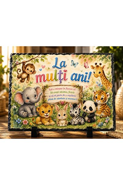 hiperborea Ardezie Personalizată – „La Mulți Ani!” cu Animăluțe – Cadou pentr...
