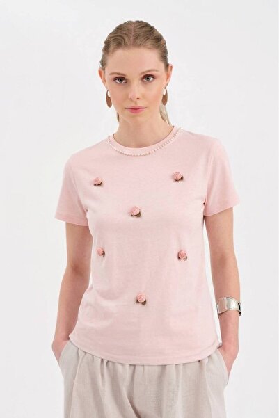 tw3 Tricou de damă cu mânecă scurtă, 100% bumbac, cu broșă florală în față