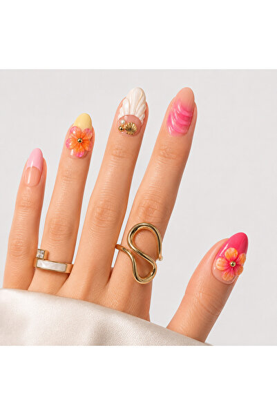 Takma Takma Renkli Nail Art Kısa Badem El Yapımı Jel Takma Tırnak KKBD1783 Pe...