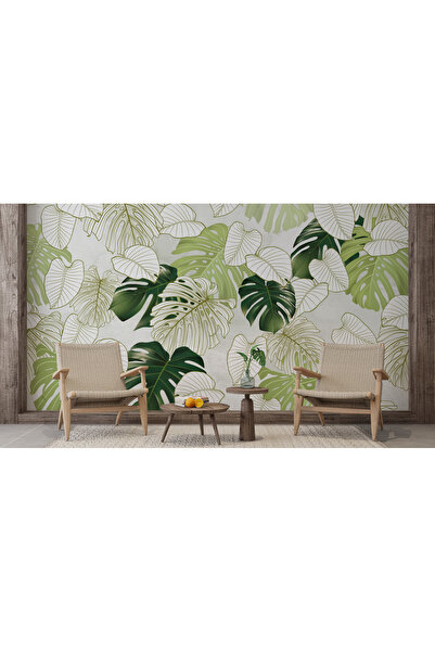 LOTUS AURA Modern Çizgi Detaylı Yeşil Deve Tabanı (Monstera) Yaprak Desenli S...