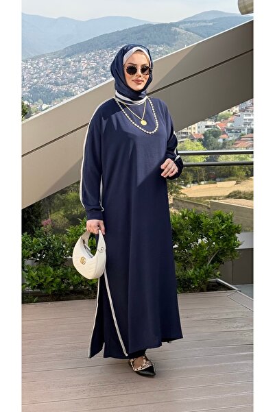 Mürdüm butik Summer Aerobin Fabric Bat Sleeve Suit with Piping Detail - Navy ...