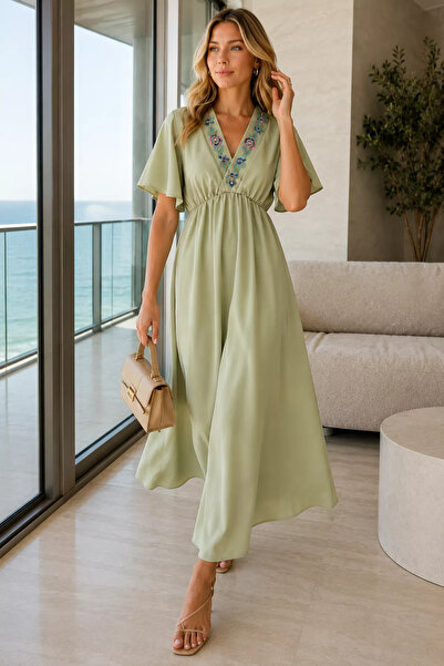 Aryena Mint Women's Double Breasted Collar Sequin Embroidered Dress with Elas...