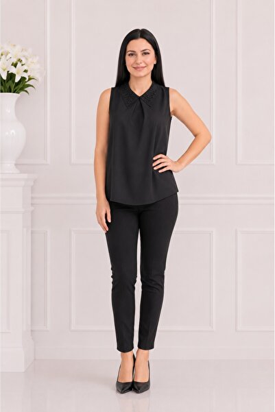 OEM Bluza rafinata, culoare neagra, cu guler mic decorat cu margele