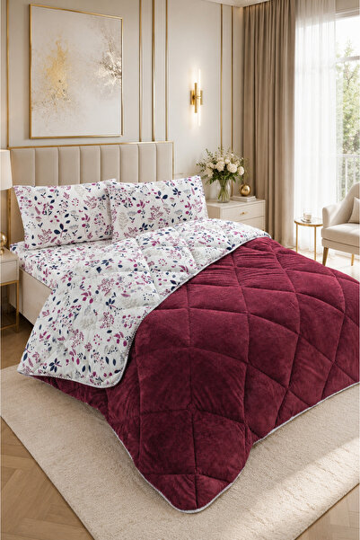 ÇARŞAF DÜNYASI Colorful Patterned King Size Quilt with Plush Double-Sided Pil...