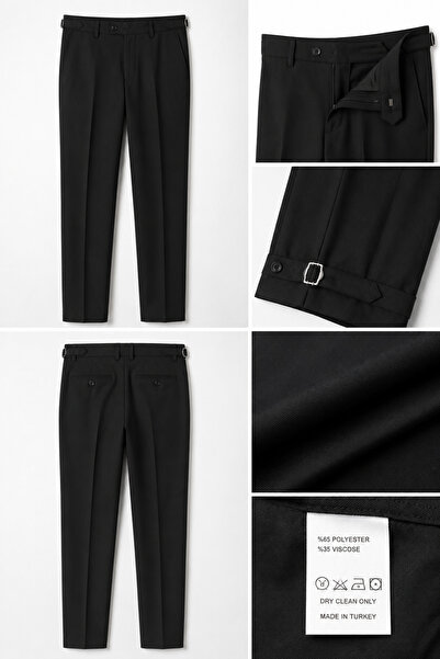 BYMEN ERKEK GİYİM Erkek Siyah Klasik Kumaş Pantolon – Slim Fit Tokalı Paça De...