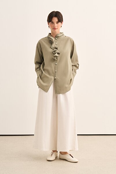 EBU Prive Women's Cotton Ruffle Shirt Light Khaki