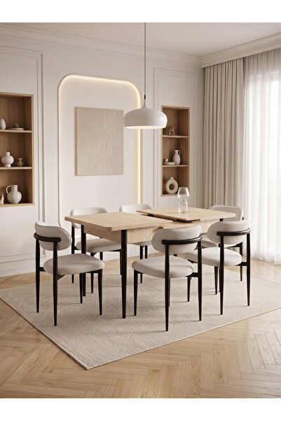Concept Ayz Home Bella Serisi 6 Kişilik Beyaz Kumaş 80*130 Traverten Masa San...