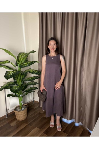 Notta Butik Lina Kendinden Desenli Küllü Mürdüm Midi Elbise