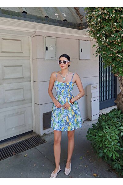 path-y homewear&sportwear Kadın Limon Desenli Askılı Mini Elbise Yazlık Fit a...