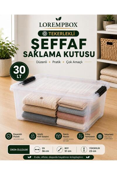 LOREMPBOX 30 LT Tekerlekli Şeffaf Saklama Kutusu | Kilitli Kapaklı Plastik Dü...