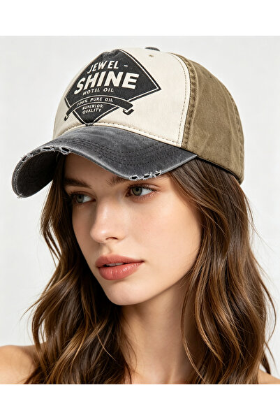 YYB Ünise Washed Cotton Baseball Cap with Vintage Jewel Shine Print and Three-Color Ripped Detail, 6 Colors