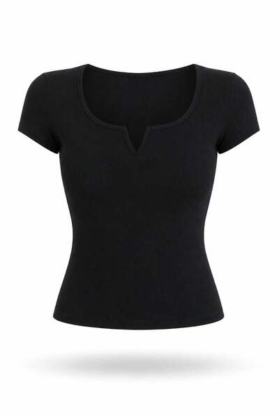 5in1Canpolat Tricou negru cu guler tip picătură 3692
