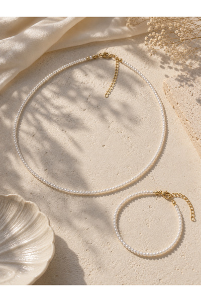 Vinlora Design Pearl Beaded Handmade Necklace Bracelet Set |   Minimal Elegant Women's Jewelry Set