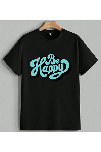 ELFERA Be Happy Blue Text Vintage Printed Unisex Oversize T-Shirt Black
