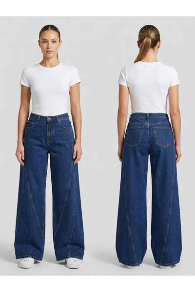 Kadın Koyu Mavi Yüksek Bel Bol Paça Jean Pantolon – Dikiş Detaylı Wide Leg Denim Pantolon